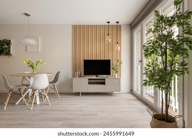 Contemporary Living Room with Sleek Wooden Panel and Modern Furniture - Powered by Shutterstock