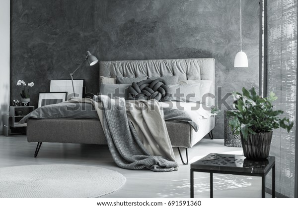 Contemporary master bedroom with scandinavian gray\
decor, plant and handmade\
pillow