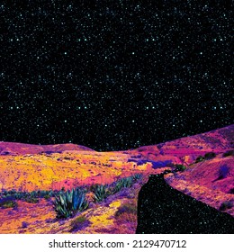 Contemporary minimal collage art. Mix of photos and texture illustrations. Surreal cosmic mountains landscape - Shutterstock ID 2129470712