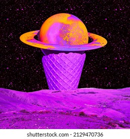 Contemporary minimal collage art. Mix of photos and texture. Creative Cosmic Saturn Ice cream