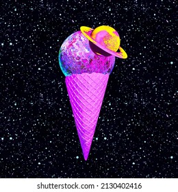Contemporary minimal collage art. Saturn Ice Cream in cosmic space. Pop zine culture