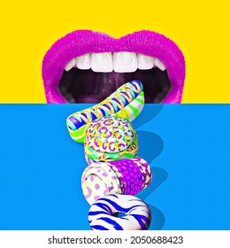 Contemporary Minimal Pop Surrealism Collage. Mouth Eating Junk Food. Calories, Diet, Food Addictions Concept