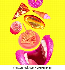 Contemporary Minimal Pop Surrealism Collage. Mouth Eating Junk Food. Calories, Diet, Sweet Food Addictions Concept