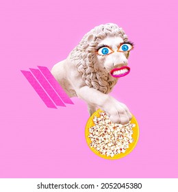 Contemporary Minimal Pop Surrealism Collage Art. Funny Greek Statue Lion Holding Popcorn Calories, Diet, Food Addictions Concept