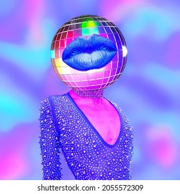 Contemporary minimal pop surrealism collage  art. Disco Party Retro Lady