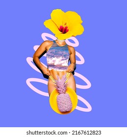 Contemporary minimal surreal art collage. Tropical flowers retro Lady fashion beach style. Vacation, summer time, party concept - Shutterstock ID 2167612823