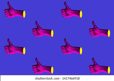 Contemporary minimalistic art collage in neon bold colors with hands showing thumbs up. Like sign surrealism creative wallpaper. Psychedelic design pattern. Template with space for text.  - Shutterstock ID 1417466918