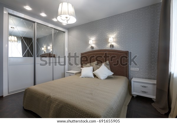 Contemporary Modern Bright Bedroom Big Closet Stock Photo