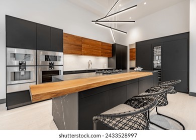 Contemporary modern home exterior and interior with floor to ceiling marble fireplace black granite countertops in the kitchen modern stylish furniture built in wall ovens custom fridge bar stools - Powered by Shutterstock