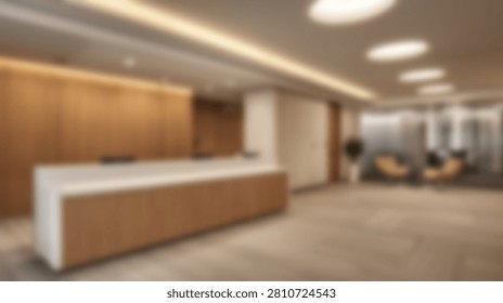 A contemporary office reception area featuring a sleek reception desk, warm wood paneling, and inviting seating arrangements, creating a professional and welcoming atmosphere.