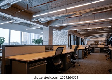 A contemporary office space featuring an open-plan layout with rows of wooden desks and ergonomic chairs. The workspace is well-lit with ceiling lights and natural light from large windows. 