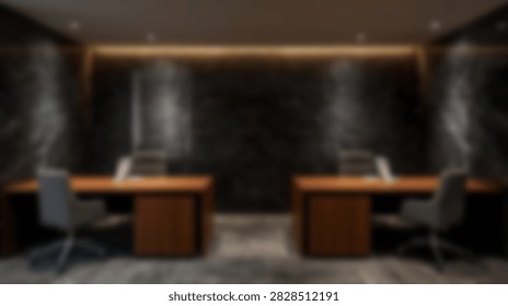 A contemporary office space featuring two wooden desks with chairs and ambient lighting, creating a professional and productive atmosphere.