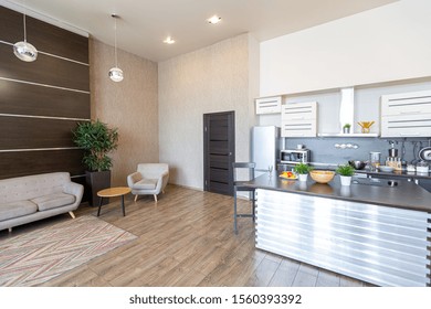 Contemporary ordinary design of spacious studio in soft warm colors. Simple furniture. Light large room with sunlight. Daytime. Tiled brown floor and white walls with decorative panel. - Shutterstock ID 1560393392