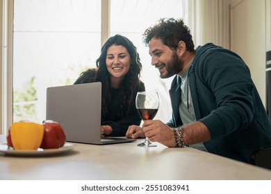 Contemporary portrait of young couple collaborating on remote work. Natural moment capturing work-life balance and relationship dynamics in modern home setting. - Powered by Shutterstock