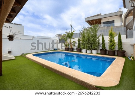 Contemporary private backyard featuring a rectangular swimming pool surrounded by artificial grass and a row of potted evergreen trees and tropical plants