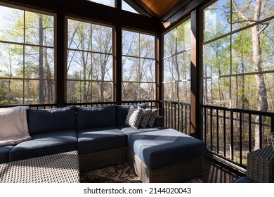 Contemporary Screened Porch In Springtime, Full Of Blooms Trees In The Background. New Home Addition Concept.