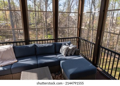 Contemporary Screened Porch In Springtime, Full Of Blooms Trees In The Background. New Home Addition Concept.