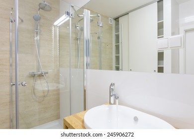 Contemporary Shower With Glass Door In New Washroom