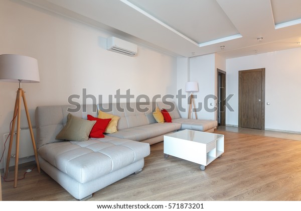 Contemporary Spacious Living Room Hardwood Floor Stock Photo