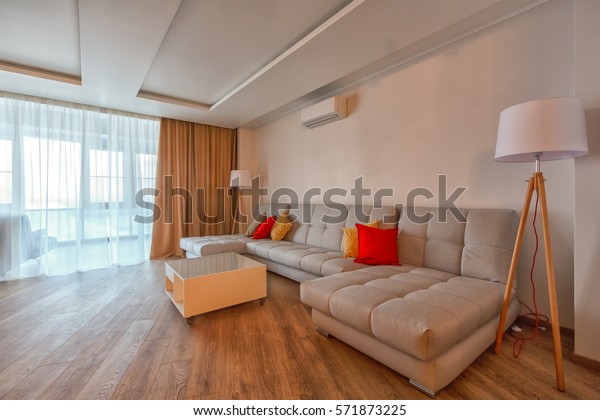 Contemporary Spacious Living Room Hardwood Floor Stock Photo