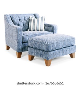 Contemporary Tufted Back Accent Chair & Ottoman Set Isolated. Blue Wingback Armchair. Modern Upholstered Arm Chair. Club Chair With Armrests. Interior Furniture. Living Room Sofa Set Front View