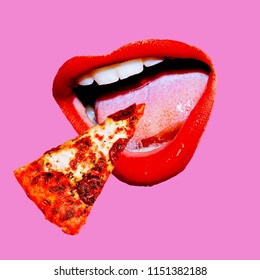Contemporary visual art collage. Minimal concept.  Pizza Lover. Pizza Mouth
