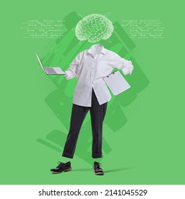 Contemporay art collage. Businesswoman silhouette with laptop and gital brain scheme isolated on green background. Digital technologies in modern life. Artificial intelligence, cybernetic mind concept