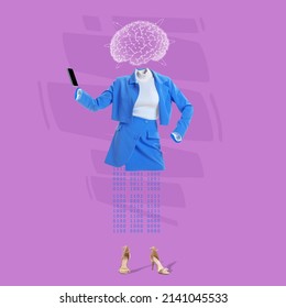 Contemporay art collage. Female businesswoman silhouette with phone and digital brain scheme isolated over purple background. Artificial intelligence, information, cybernetic mind concept.