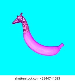 Contemporay art collage. Funcky giraffe turns into banana in pink color scheme against vivid blue background. Tropical fruits and animals. Concept of modern food, health.