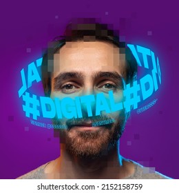 Contemporay artwork. Man with neon lettering around pixel head isolated over purple background. Concept of digitalization, artificial intelligence, technology era. Modern design