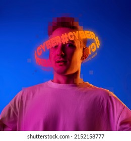 Contemporay artwork. Young emotive boy with neon lettering around pixel head isolated over blue background in neon light. Concept of digitalization, artificial intelligence, technology era, IT