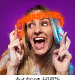 Contemporay artwork. Young emotive woman with neon lettering around pixel head isolated over purple background. Concept of digitalization, artificial intelligence, technology era, cyber space