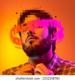 Contemporay artwork. Young man in checkered shirt with pixel head parts and lettering around isolated over yellow background in neon. Concept of digitalization, artificial intelligence, technology era