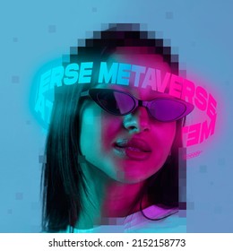 Contemporay artwork. Young stylish woman in sunglasses with neon lettering around pixel head isolated over blue background. Concept of digitalization, artificial intelligence, technology era