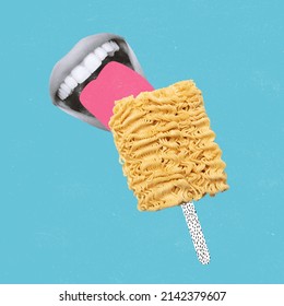 Contemporray art collage. Female mouth eating noodles like ice cream isolated over blue background. Student lifestyle. Youth culture. Colorful design. Concept of creativity, pop art