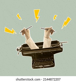 Contemporray art collage. Vintage design style. Two hands sticking out retro typewriter, creating text, story. Copy space for ad, text. Concept of old fashion, history, creativity, inspiration