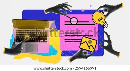 Content creation. Hands revise document with magnifying glass, lightbulb, and image icon. Strategic content development. Concept of digital marketing, research, social media. Photocopy effect
