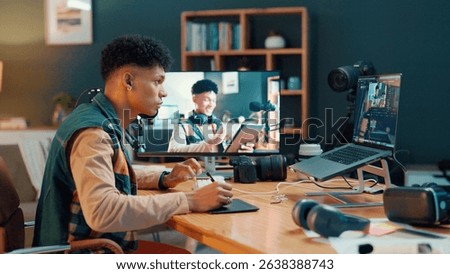 Content creator, computer screen and man editing video on graphic tablet to broadcast tutorial. Influencer, camera and laptop for live streaming, recording guide and post production software in home