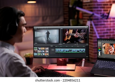 Content creator editing video footage on computer software, using color grading and visual effects to create film montage. Working on movie edit for multimedia production at home. - Shutterstock ID 2204856211