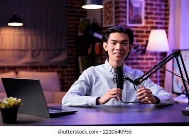 Content Creator Filming Live Vlog Show With Podcast Equipment At Home, Using Audio Station And Recording Video. Broadcasting Livestream With Microphone, Sound Production For Channel.