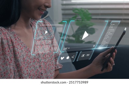 Content creator using Live Streaming platform for business promotion with social media engagement concept, with laptop live broadcasting occupation and creative ideas online digital internet.