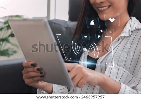 Content creator using Live Streaming platform for business promotion with social media engagement concept, with laptop live broadcasting occupation and creative ideas online digital internet.