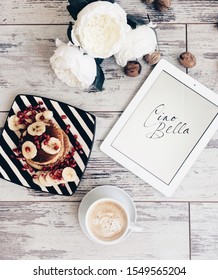 Content Flower And Pancake With Cappuccino