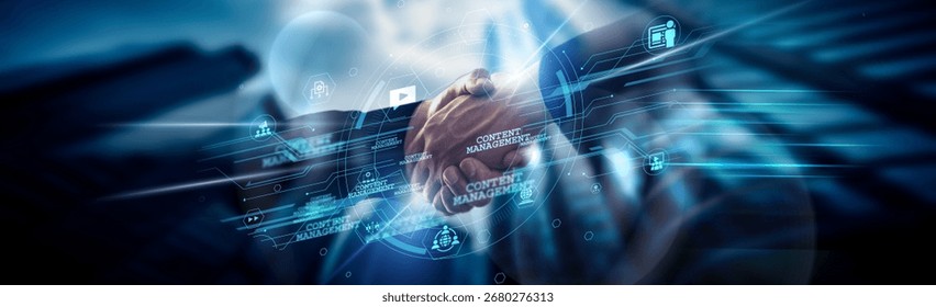 Content Management concept, structured publishing, handshake of global network connection improving workflow, SEO, access, collaboration, updates, storage.