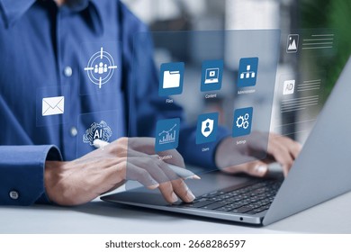 Content management system, Administration, statistics, user and configuration settings, create and publish articles. Businessman using laptop with web site management software CMS.