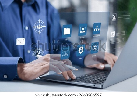 Content management system, Administration, statistics, user and configuration settings, create and publish articles. Businessman using laptop with web site management software CMS.