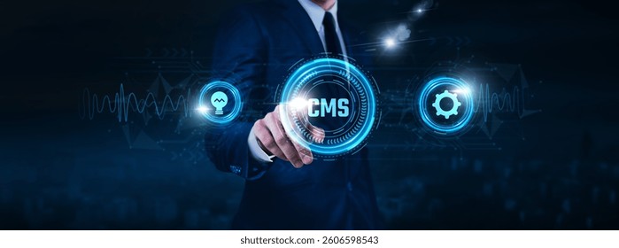 Content Management System (CMS), e-commerce platforms, cloud-based solutions, businessman touch of CMS Text Data exchange on digital network connection, website templates, database integration.