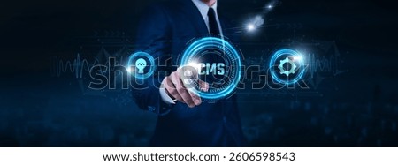 Content Management System (CMS), e-commerce platforms, cloud-based solutions, businessman touch of CMS Text Data exchange on digital network connection, website templates, database integration.