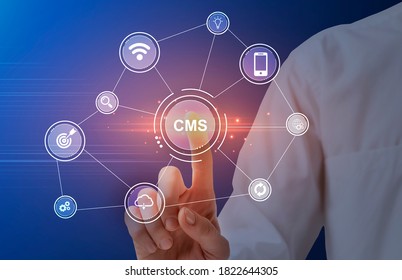 Content management system, digital strategy and social media marketing concept. IT administrator pressing CMS button on vrtual screen with computer icons, closeup of hand. Collage