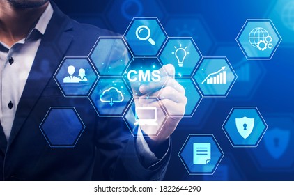 Content management system and search engine optimization concept. Collage of SMM manager, computer icons and CMS button on transparent screen, panorama